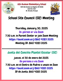 SSC Meeting/Reunión SSC, Thursday/Jueves, 1/30 @7:30am